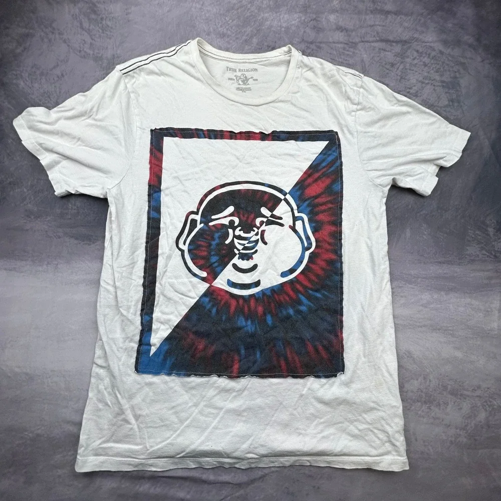 True Religion‎ Buddha Graphic Tee White Tie Dye Patch Y2K Skater Mens Medium